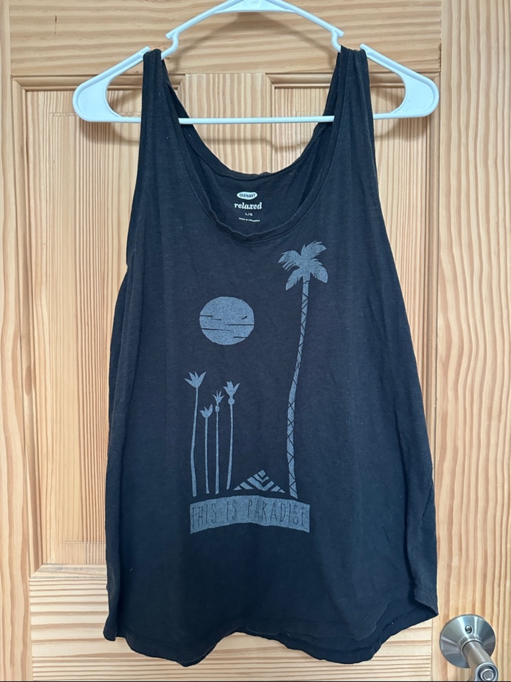 Old Navy Black Relaxed Tee with Grey “This is Paradise” Graphic